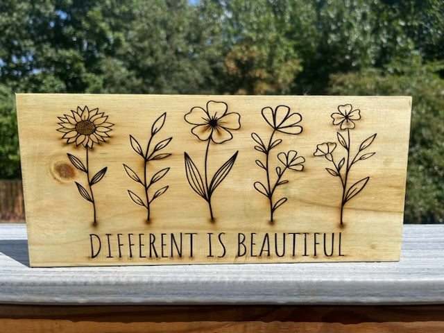 Different is Beautiful, shelf sitter laser engraved rustic farmhouse made from reclaimed pine wood
