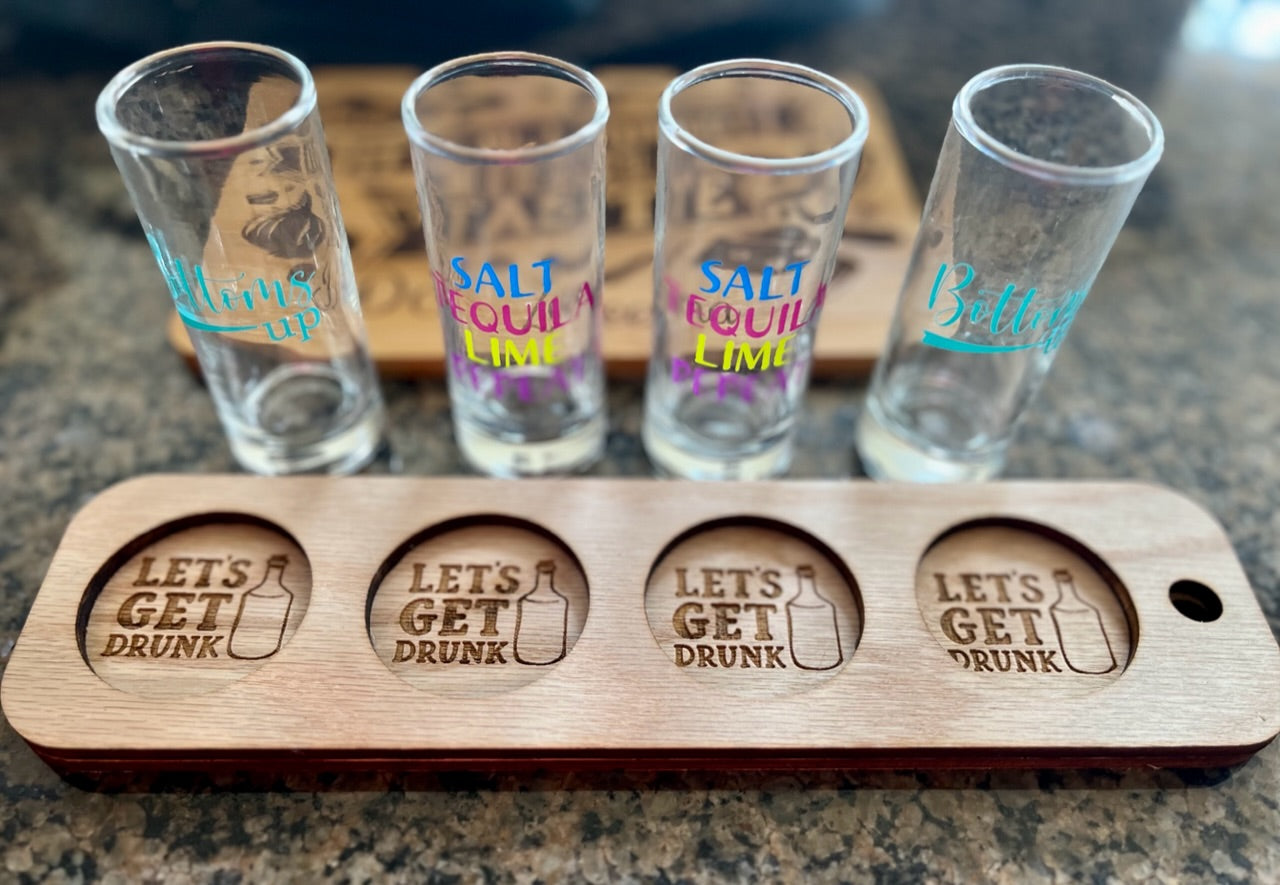 Customize shot flight board red oak tray 4 holes shot glasses party shot laser cut engraved customize personalize drinking party board game