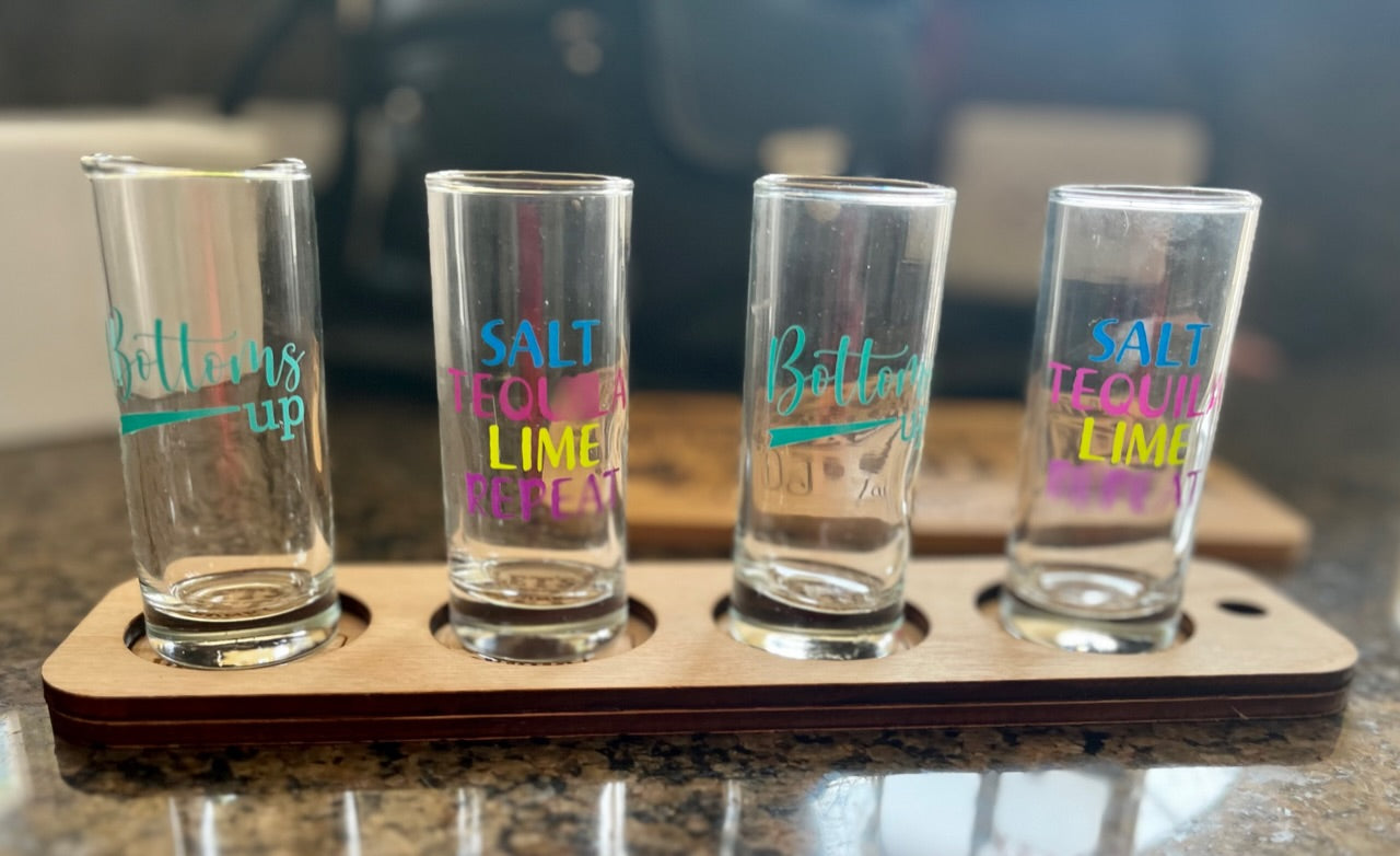 Customize shot flight board red oak tray 4 holes shot glasses party shot laser cut engraved customize personalize drinking party board game