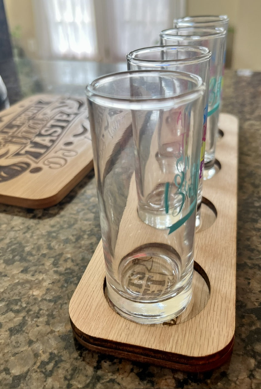 Customize shot flight board red oak tray 4 holes shot glasses party shot laser cut engraved customize personalize drinking party board game