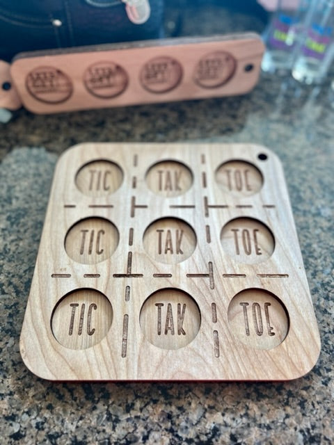 Tik tac toc drinking board red oak tray 9 holes shot glasses party shot laser cut engraved customize personalize drinking party board game
