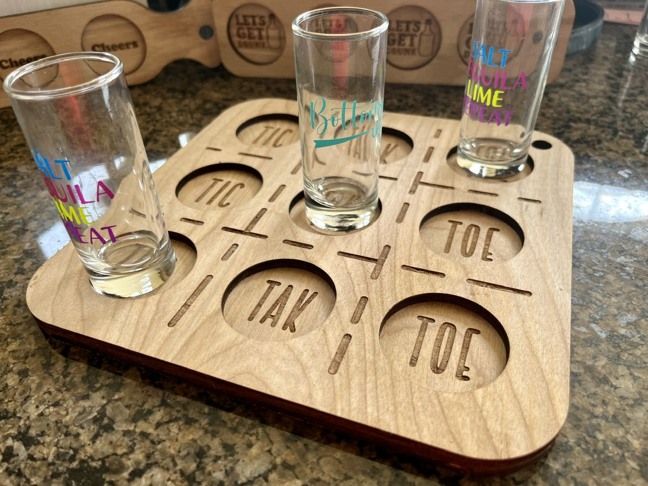 Tik tac toc drinking board red oak tray 9 holes shot glasses party shot laser cut engraved customize personalize drinking party board game