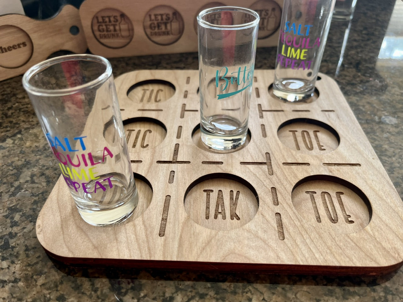 Tik tac toc drinking board red oak tray 9 holes shot glasses party shot laser cut engraved customize personalize drinking party board game
