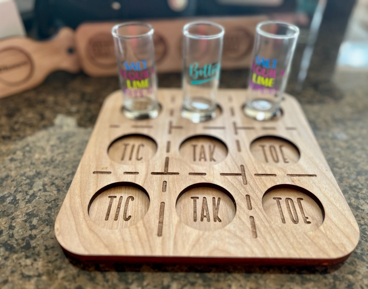 Tik tac toc drinking board red oak tray 9 holes shot glasses party shot laser cut engraved customize personalize drinking party board game