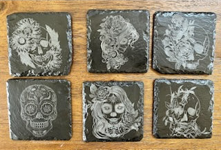 Set of 6 Sugar Skulls laser engraved slate coasters