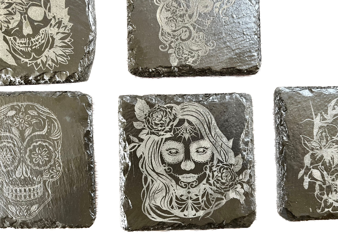 Set of 6 Sugar Skulls laser engraved slate coasters