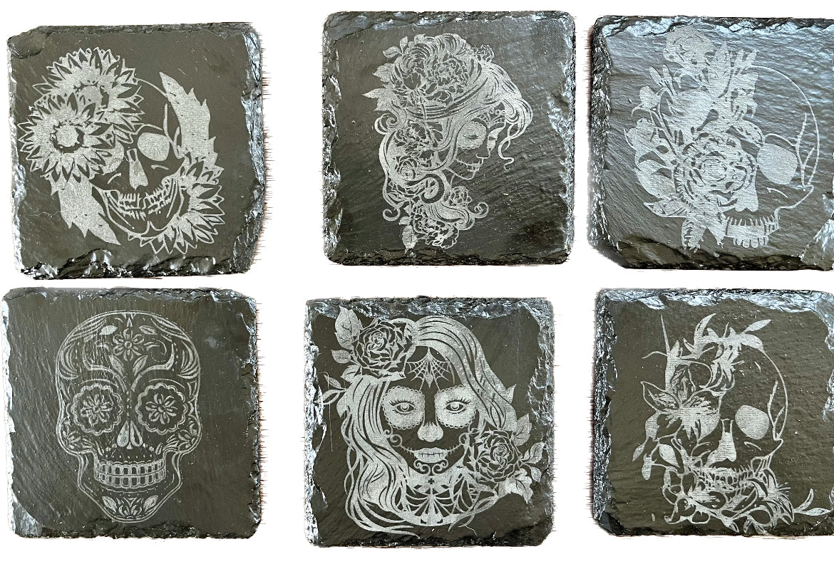 Set of 6 Sugar Skulls laser engraved slate coasters