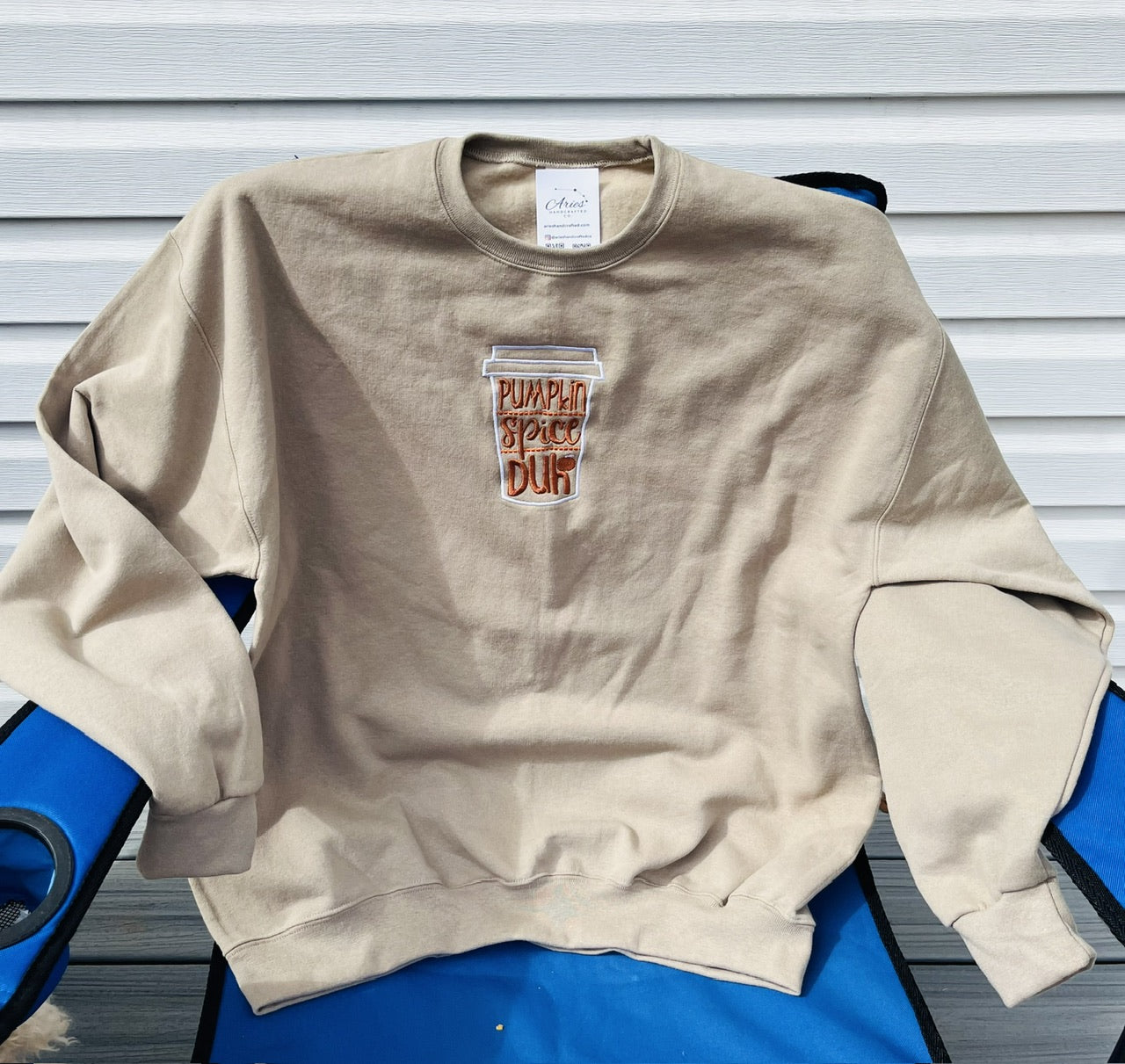 Pumpkin Spice latte Duh! crew sweatshirt, gender neutral, made to order, embroidered in the front, many colors and sizes, you can personalize this custom made swatshirt.