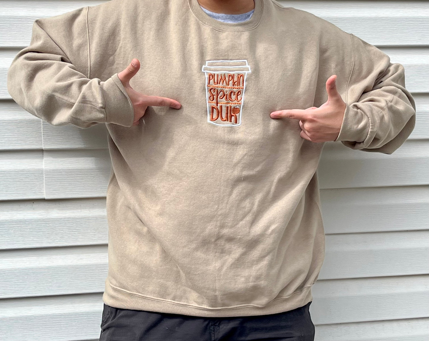Pumpkin Spice latte Duh! crew sweatshirt, gender neutral, made to order, embroidered in the front, many colors and sizes, you can personalize this custom made swatshirt.