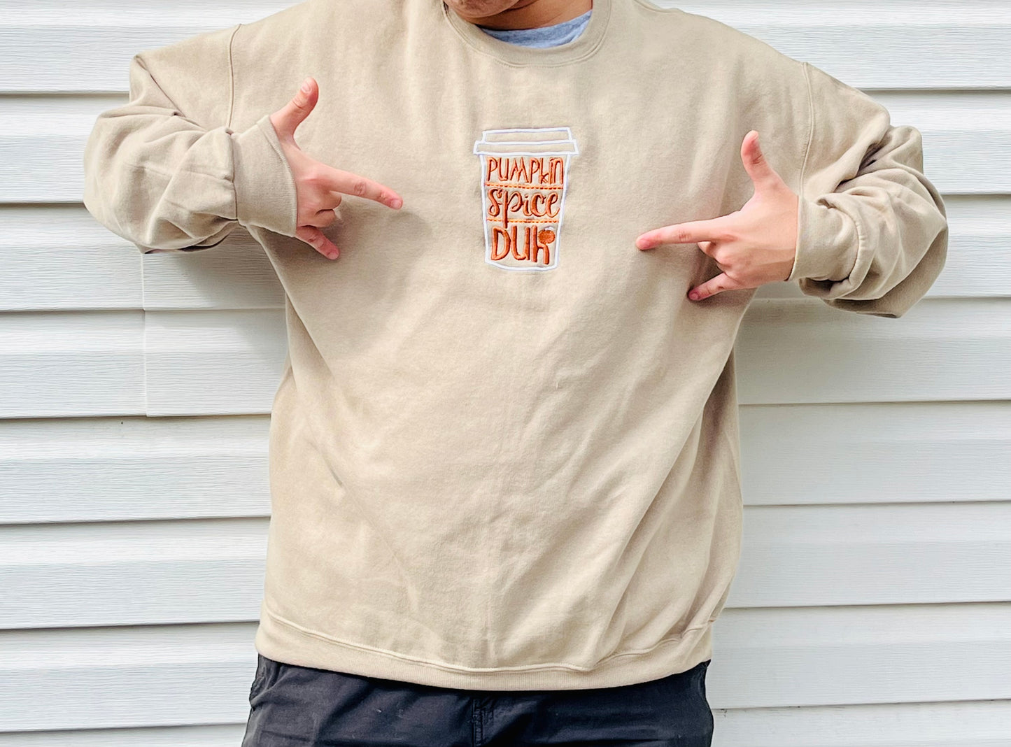 Pumpkin Spice latte Duh! crew sweatshirt, gender neutral, made to order, embroidered in the front, many colors and sizes, you can personalize this custom made swatshirt.