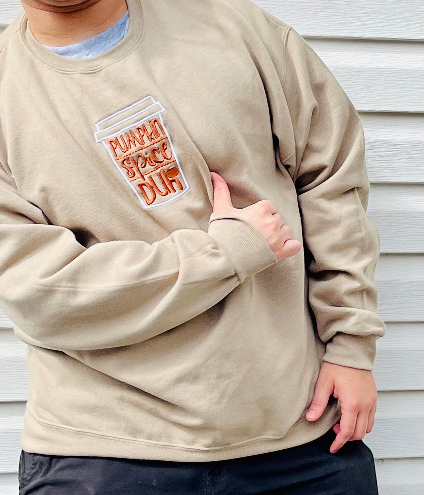 Pumpkin Spice latte Duh! crew sweatshirt, gender neutral, made to order, embroidered in the front, many colors and sizes, you can personalize this custom made swatshirt.