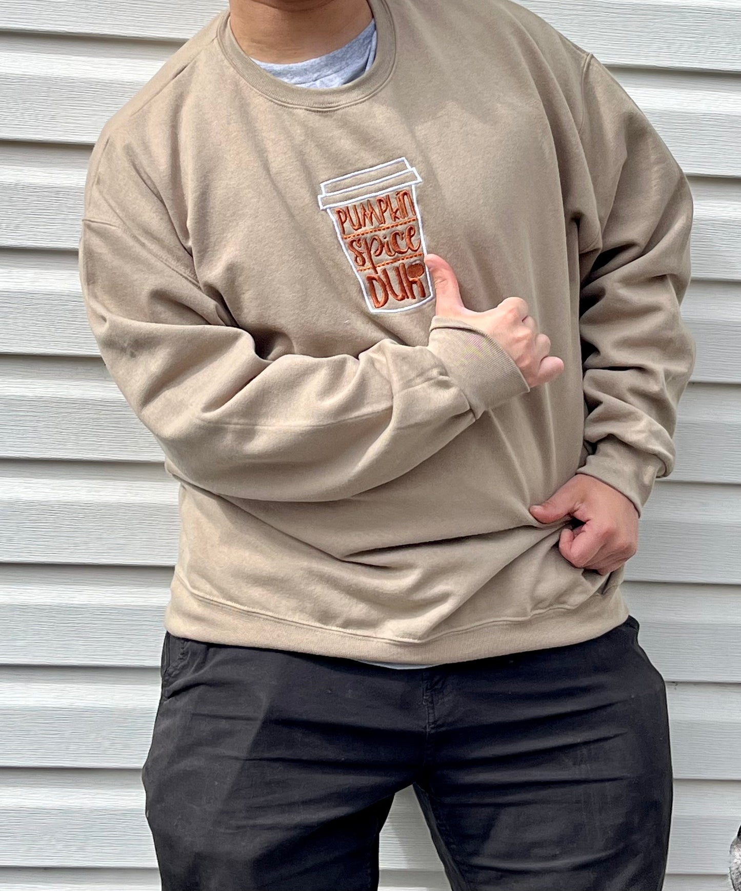 Pumpkin Spice latte Duh! crew sweatshirt, gender neutral, made to order, embroidered in the front, many colors and sizes, you can personalize this custom made swatshirt.