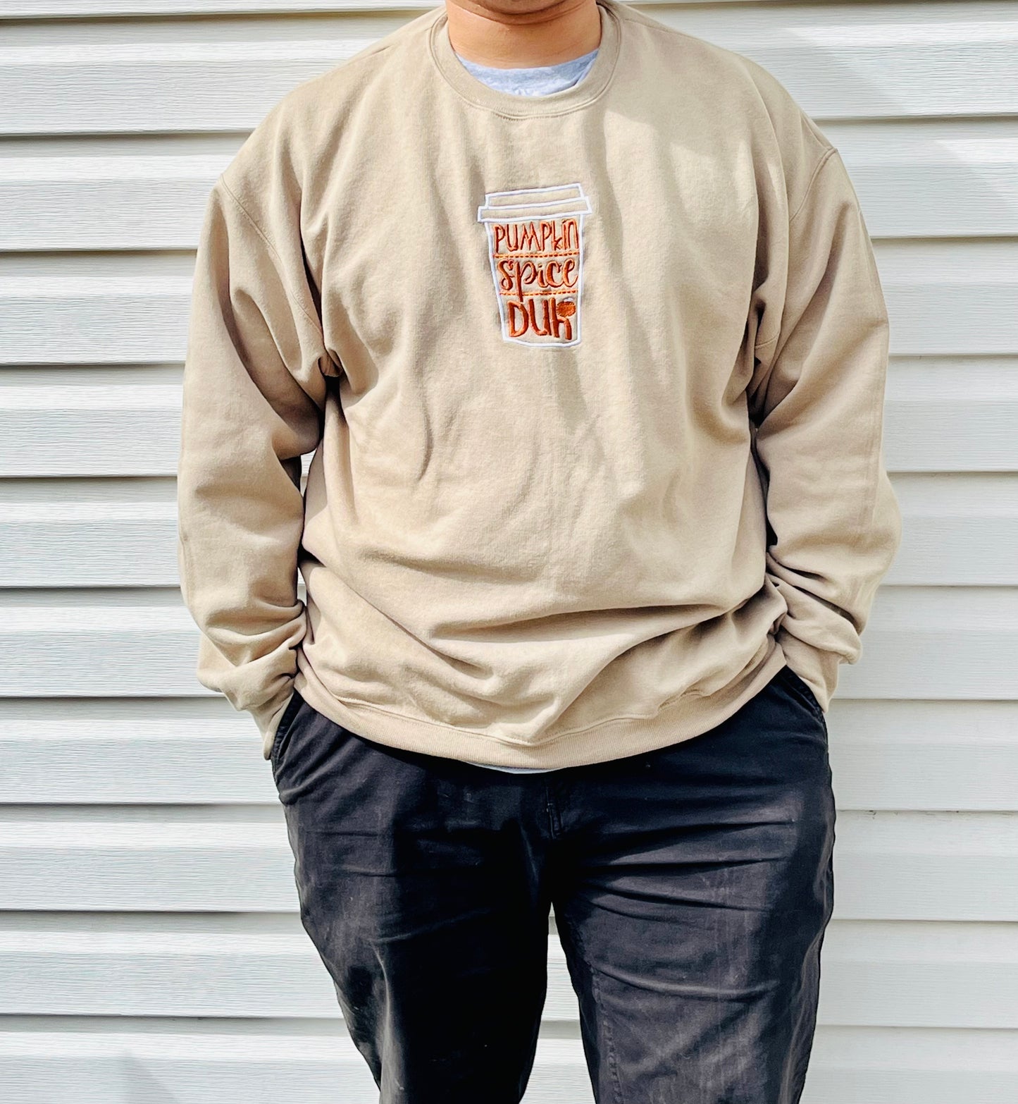 Pumpkin Spice latte Duh! crew sweatshirt, gender neutral, made to order, embroidered in the front, many colors and sizes, you can personalize this custom made swatshirt.