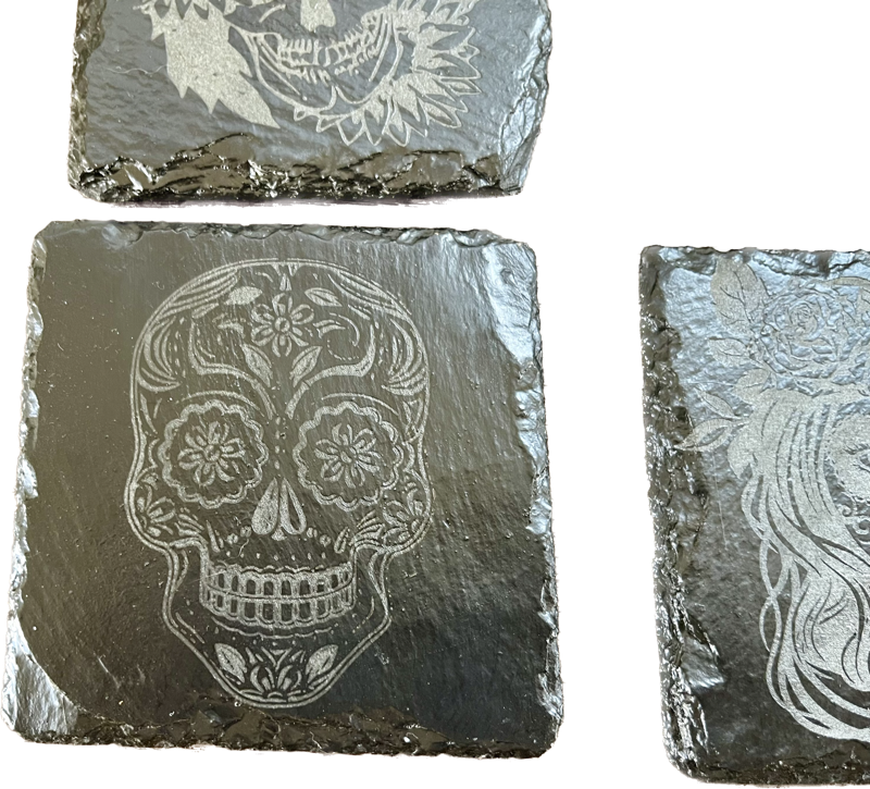 Set of 6 Sugar Skulls laser engraved slate coasters