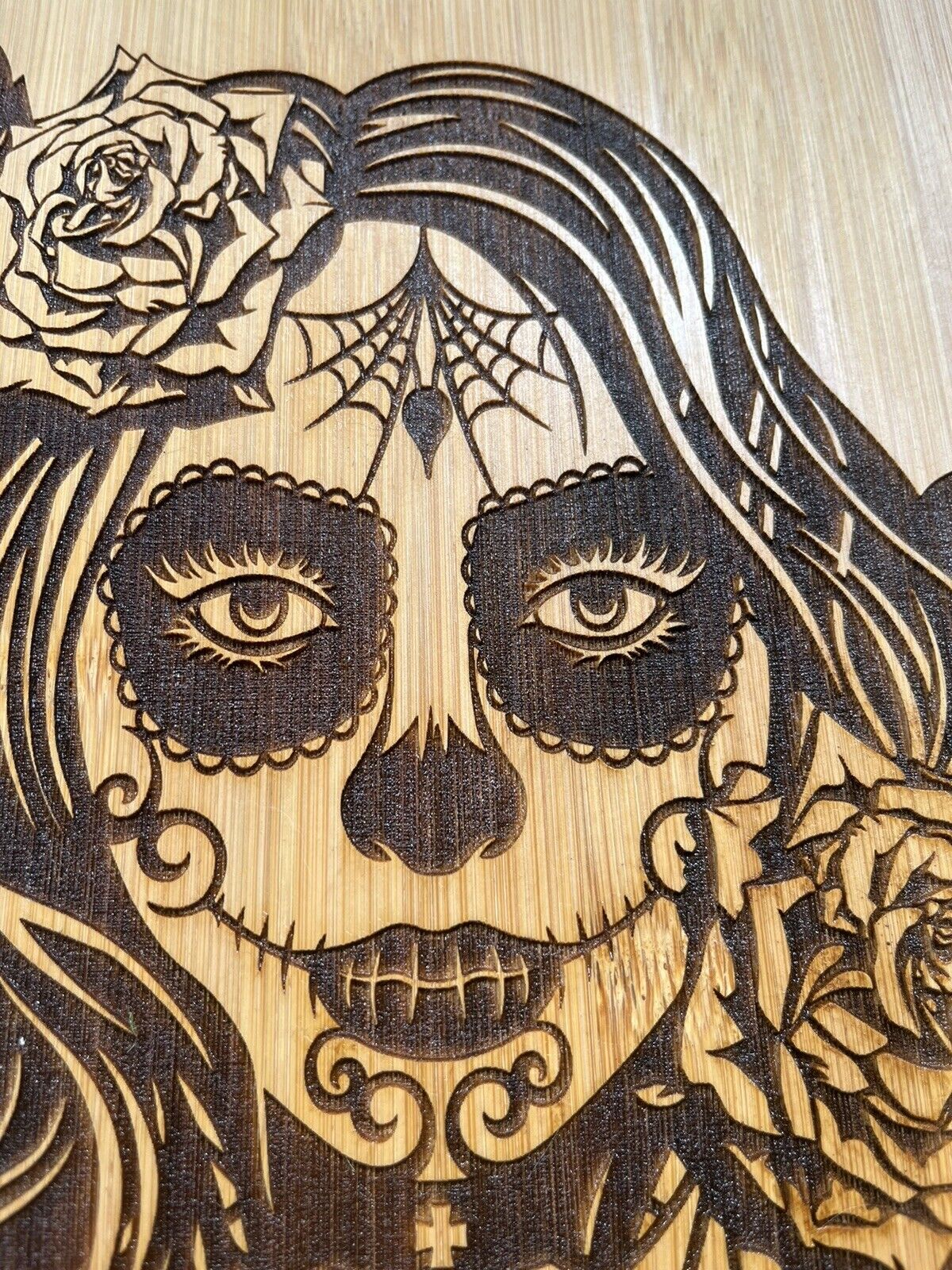 Dia De Muertos Girl - Laser Engraved- Handcrafted- Custom Made- Bamboo cutting board- personalized charcuteries boards