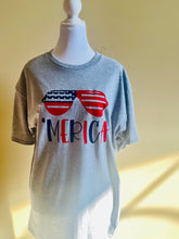 Load image into Gallery viewer, &quot;Merica Independance day Tee- HTV Red, White and Blue sunglasses design
