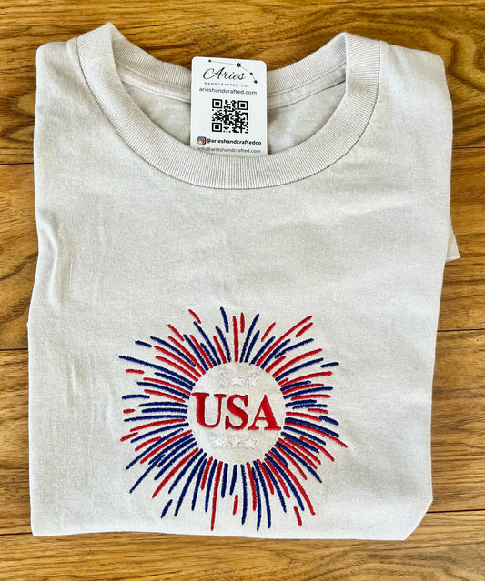 Embroidered Adult Patriotic USA Fireworks TShirt - Celebrate Independence Day July 4th