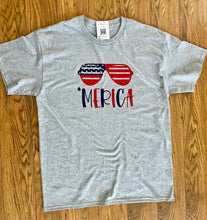 Load image into Gallery viewer, &quot;Merica Independance day Tee- HTV Red, White and Blue sunglasses design
