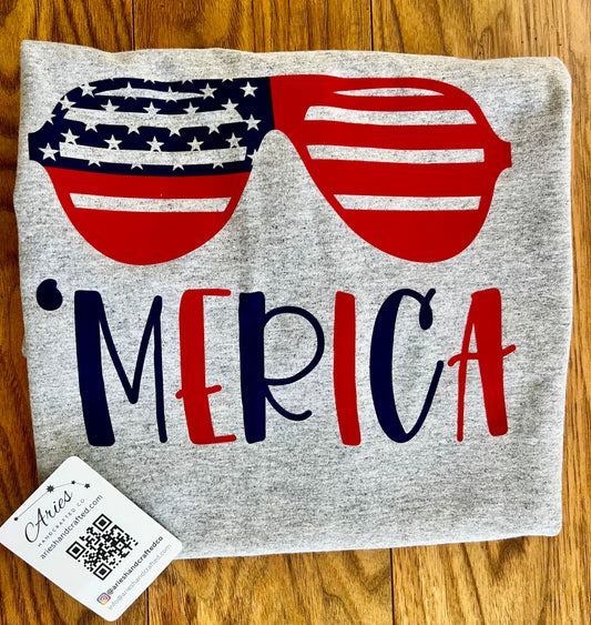 "Merica Independance day Tee- HTV Red, White and Blue sunglasses design