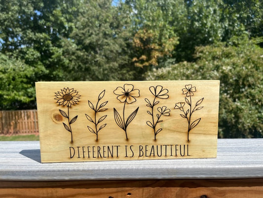 Different is Beautiful, shelf sitter laser engraved rustic farmhouse made from reclaimed pine wood