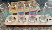 Load image into Gallery viewer, Customize shot flight board red oak tray 4 holes shot glasses party shot laser cut engraved customize personalize drinking party board game
