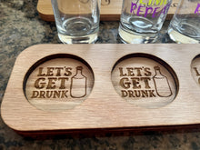 Load image into Gallery viewer, Customize shot flight board red oak tray 4 holes shot glasses party shot laser cut engraved customize personalize drinking party board game
