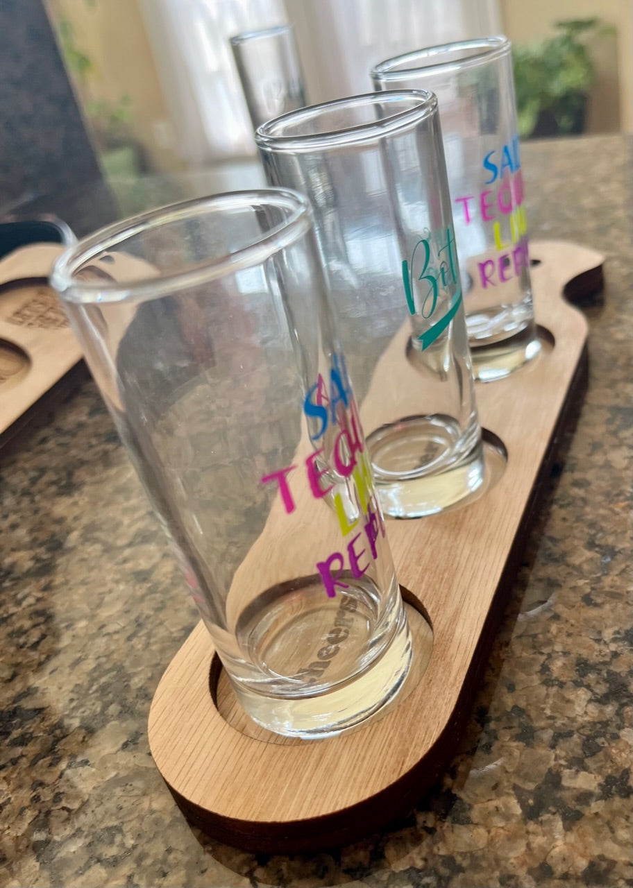 "Cheers" party shot flight board made of red oak wood laser cut and engraved