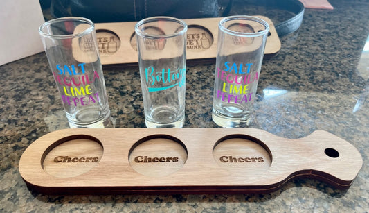 "Cheers" party shot flight board made of red oak wood laser cut and engraved