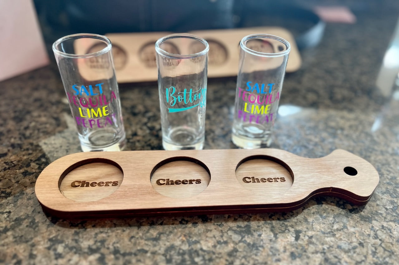 "Cheers" party shot flight board made of red oak wood laser cut and engraved