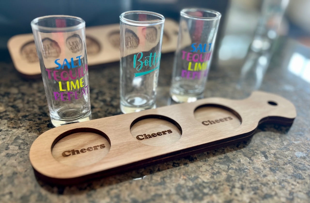 "Cheers" party shot flight board made of red oak wood laser cut and engraved