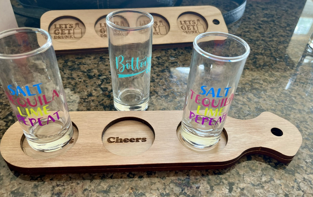 "Cheers" party shot flight board made of red oak wood laser cut and engraved