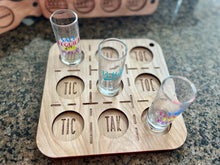Load image into Gallery viewer, Tik tac toc drinking board red oak tray 9 holes shot glasses party shot laser cut engraved customize personalize drinking party board game
