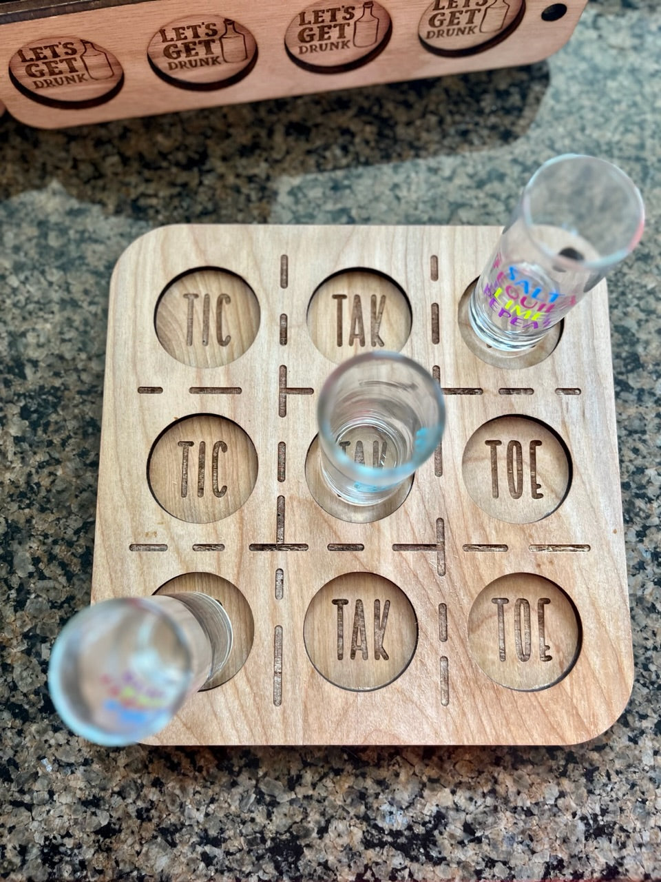 Tik tac toc drinking board red oak tray 9 holes shot glasses party shot laser cut engraved customize personalize drinking party board game