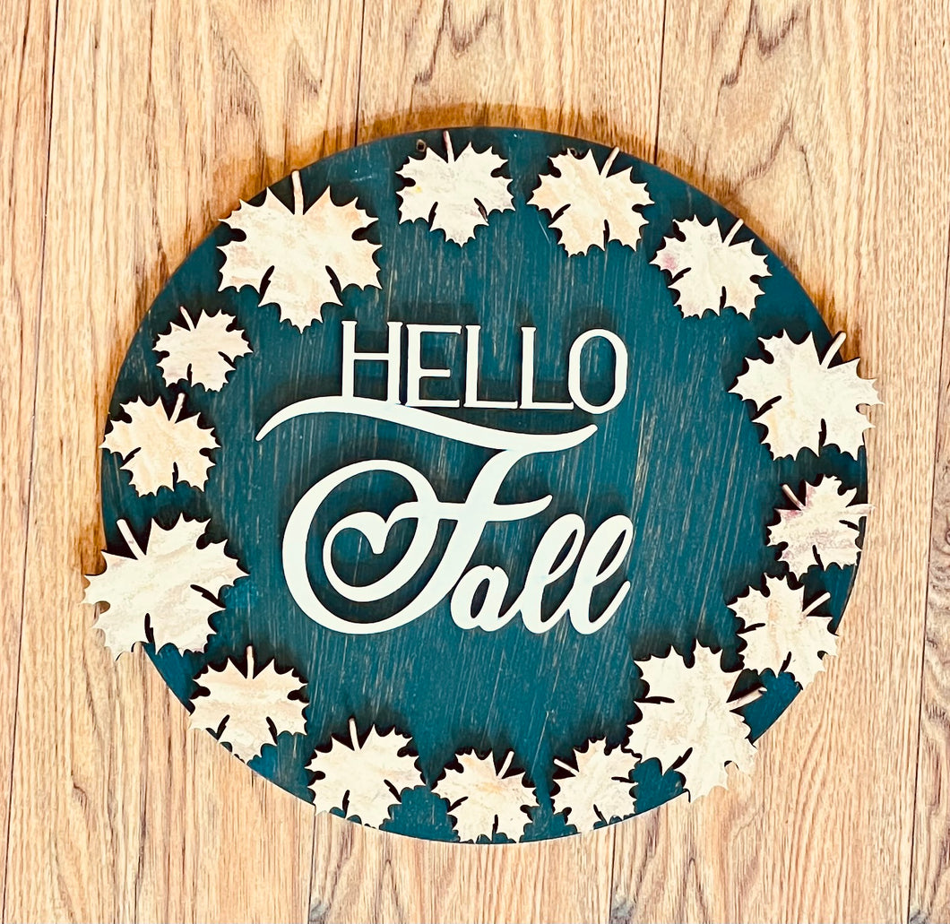 Hello Fall- Round sign- handmade- MDF- Laser cut -painted by hand