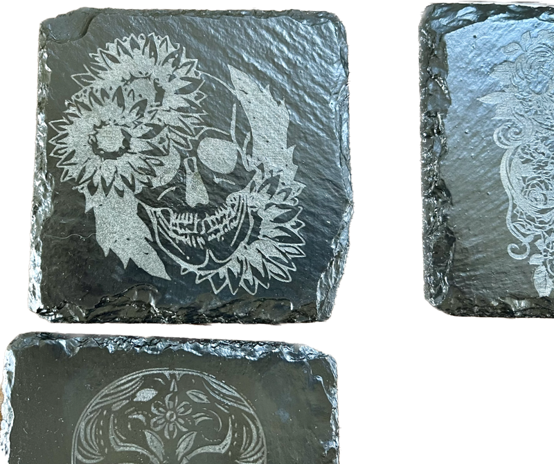 Set of 6 Sugar Skulls laser engraved slate coasters