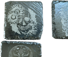 Load image into Gallery viewer, Set of 6 Sugar Skulls laser engraved slate coasters
