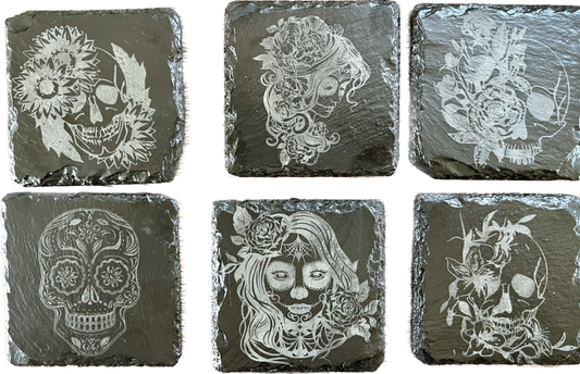 Set of 6 Sugar Skulls laser engraved slate coasters