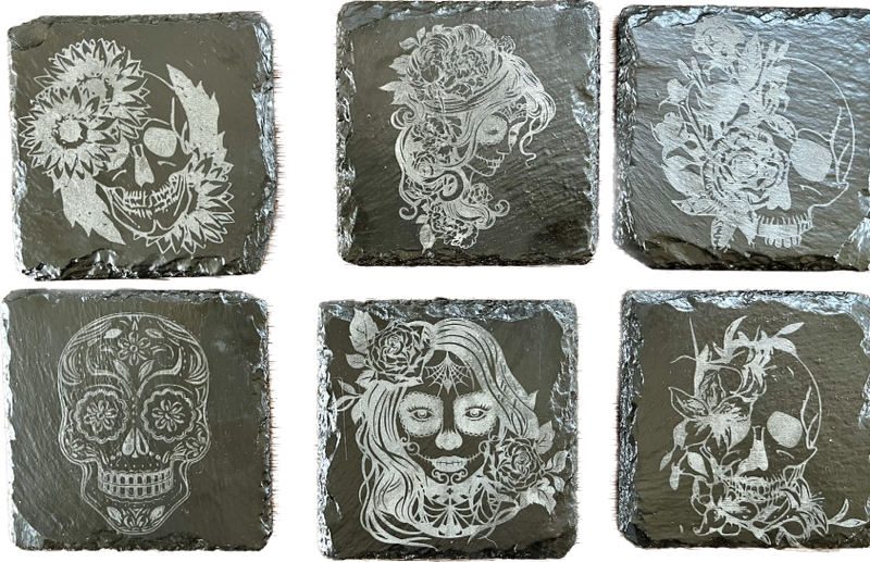 Set of 6 Sugar Skulls laser engraved slate coasters