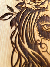 Load image into Gallery viewer, Dia De Muertos Girl - Laser Engraved- Handcrafted- Custom Made- Bamboo cutting board- personalized charcuteries boards
