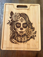 Load image into Gallery viewer, Dia De Muertos Girl - Laser Engraved- Handcrafted- Custom Made- Bamboo cutting board- personalized charcuteries boards
