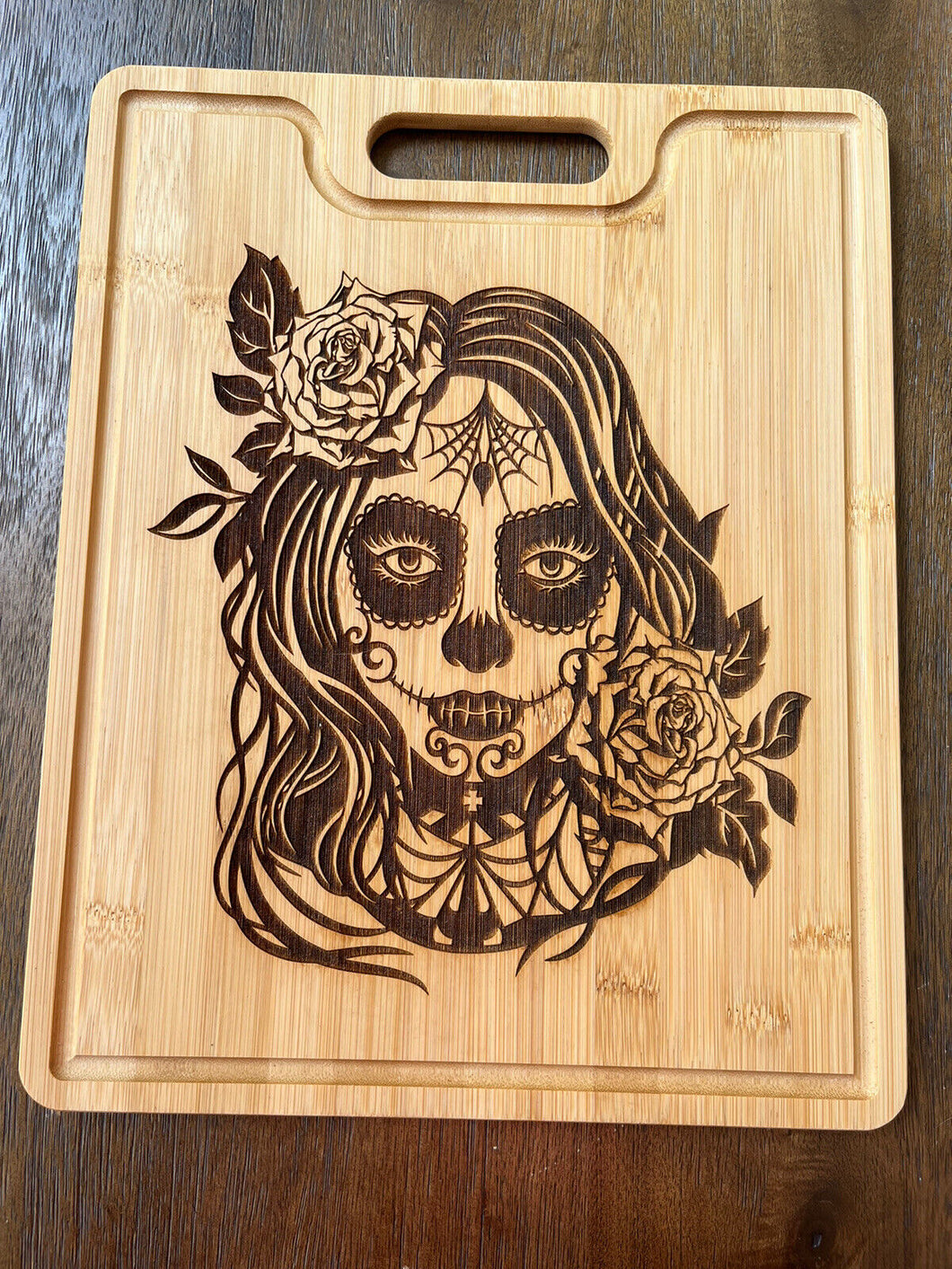Dia De Muertos Girl - Laser Engraved- Handcrafted- Custom Made- Bamboo cutting board- personalized charcuteries boards