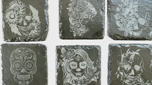 Load and play video in Gallery viewer, Set of 6 Sugar Skulls laser engraved slate coasters

