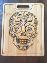 Load image into Gallery viewer, Bamboo cutting Board- laser engraved- sugar skull- dia de muertos- halloween- made to order- custom made- personalized
