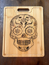 Load image into Gallery viewer, Bamboo cutting Board- laser engraved- sugar skull- dia de muertos- halloween- made to order- custom made- personalized
