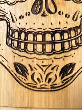 Load image into Gallery viewer, Bamboo cutting Board- laser engraved- sugar skull- dia de muertos- halloween- made to order- custom made- personalized
