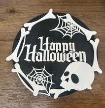 Load image into Gallery viewer, Skull And Bones Round Halloween Door Sign Laser Cut Hand Painted Black And White
